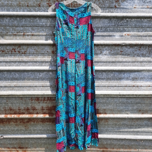 VINTAGE Boho Sleeveless Patch Work Design Front Button Up Maxi Shift Dress - Picture 5 of 14